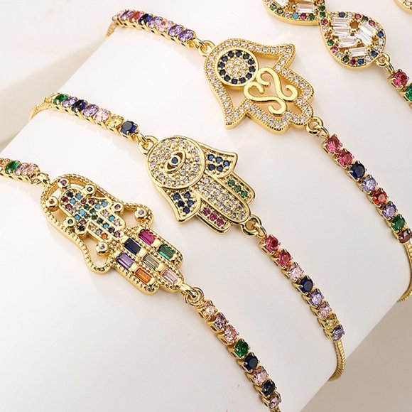 3/$35 Gold Plated Copper Hand Eye Hamsa Cubic Zirconia Chain Bracelet Jewelry - Picture 4 of 6